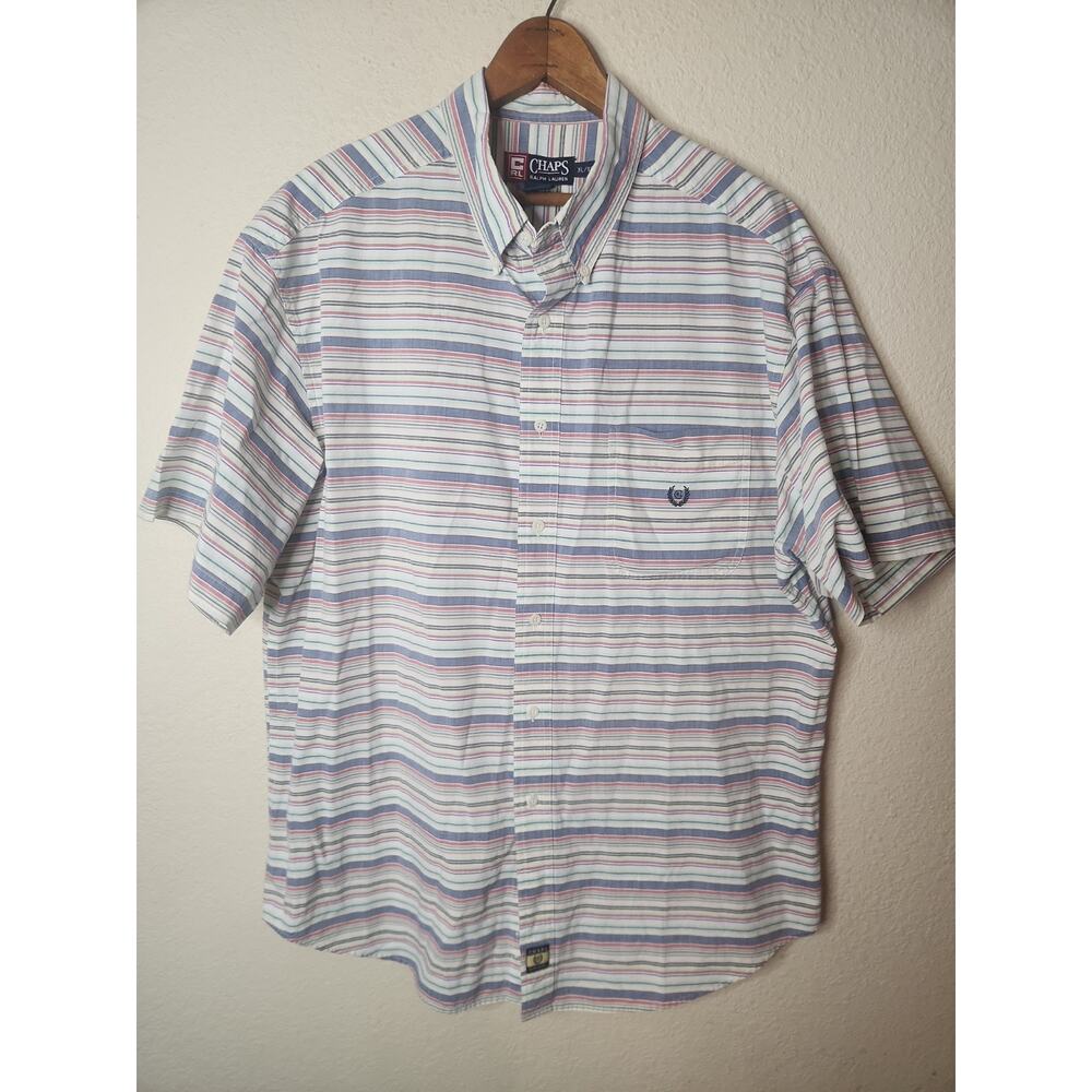 Chaps Ralph Lauren Mens XL Striped Button Down Short Sleeve Cotton Shirt Multi